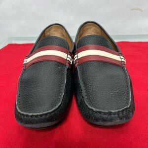 Bally Black Leather Loafers with Classic Red White Stripes